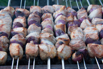 Appetizing crispy kebab on skewers