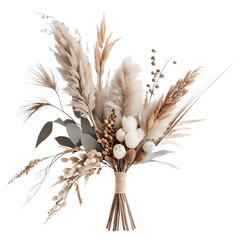 A boho-style bouquet with dried pampas grass, cotton flowers, and muted eucalyptus leaves in neutral tones, arranged asymmetrically. Transparent background.
