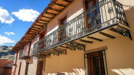 Obraz premium Beautiful Colonial Architecture in Peru with Ornate Wrought Iron Balconies and Scenic Blue Sky Overlooking the Serene Mountains of the Andean Region