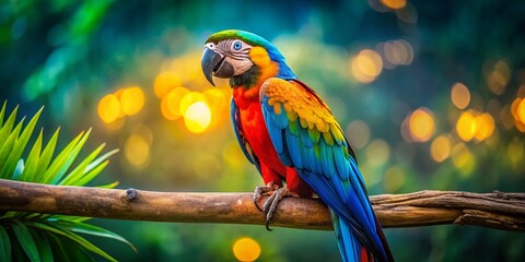 A Stunning Low Light Capture of a Vibrant Blue, Yellow, and Red Macaw Perched on a Branch Against a Softly Blurred Green Background for Nature and Wildlife Photography Enthusiasts