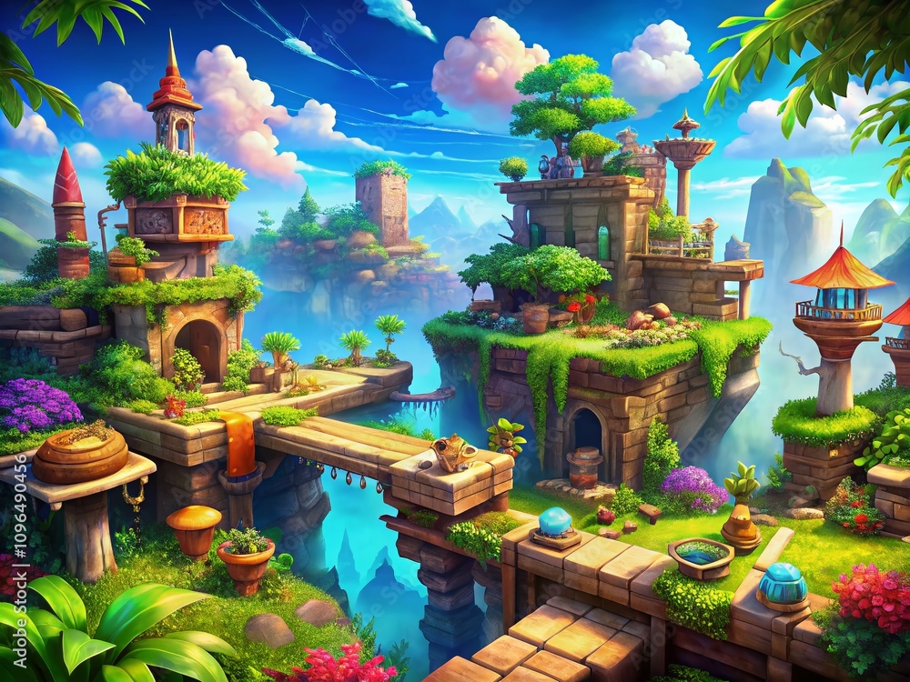 Poster a stunning side view of a video game level featuring platforms, obstacles, and environmental element