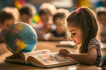 Young girl explores a world map in a classroom setting
