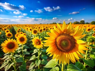 Fototapeta premium A Stunning Tilt-Shift View of a Vibrant Sunflower Field Under a Clear Blue Sky, Capturing Nature's Beauty in a Unique Perspective for Background and Wall Art