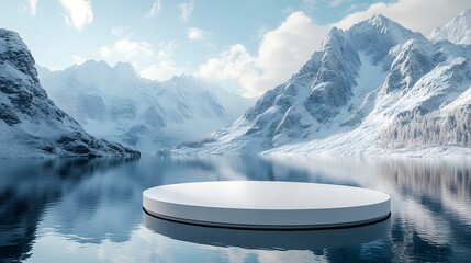 3D white circular platform floating on mountain lake, featuring snow-capped peaks backdrop and perfect mirror reflection in serene winter landscape setting.