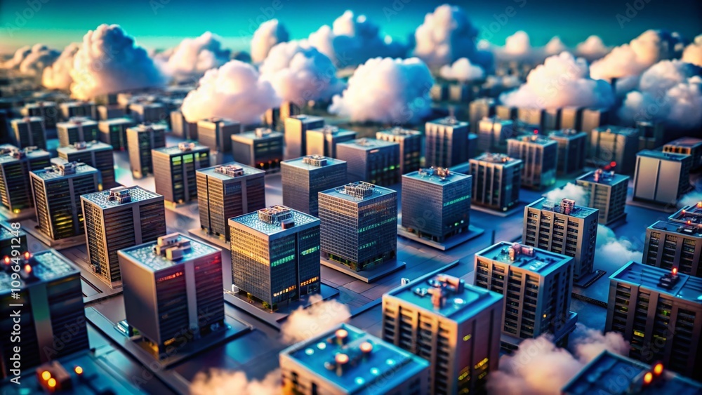 Aufkleber a tilt-shift perspective of cloud computing technology: miniature data centers and digital connectio