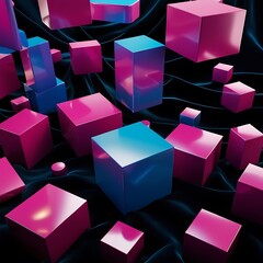 A highly detailed 3D render of abstract geometric blocks floating on a pitch-black background.
