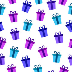 Gift boxes seamless pattern background. Cyan, blue, purple gift boxes present motif with ribbons