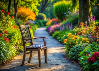 Obraz premium A Tranquil Chair Adjacent to a Cement Pathway in a Park, Surrounded by Lush Greenery and Vibrant Flowers, Ideal for Capturing the Essence of Outdoor Relaxation and Nature’s Beauty