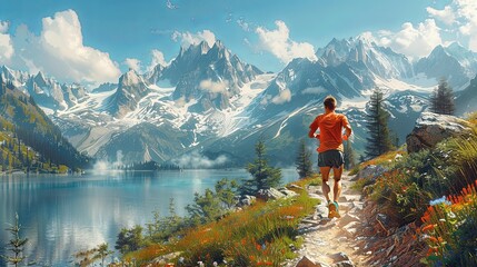 Fototapeta premium Athlete running on a trail through a scenic mountain landscape