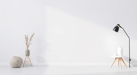 Minimalist living room interior with a side table, lamp, and plant.