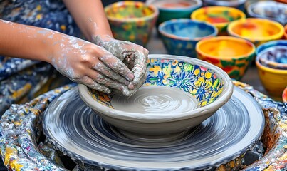 Fototapeta premium A potter shaping a clay bowl on a wheel, surrounded by colorful pottery.