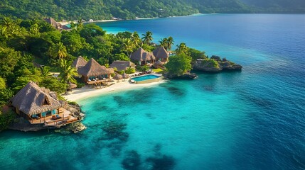 Obraz premium Aerial view of tropical&nbsp;island resort with overwater bungalows, featuring turquoise ocean, white sandy beaches, and lush palm trees in panoramic perspective.
