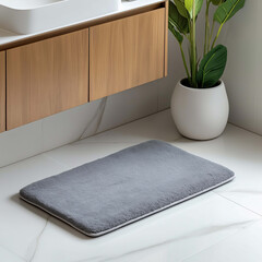 Soft gray bath mat placed on bathroom floor near wooden cabinet and plant. This cozy mat adds comfort and style to any bathroom decor