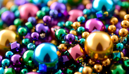 Close-up of vibrant Mardi Gras beads and ornaments in colorful shades with copy space