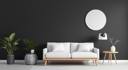 Minimalist living room with white sofa, round mirror, and side table.