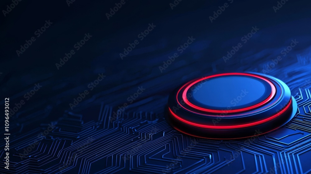 Poster anti tracking and protection concept. futuristic button on a circuit-patterned surface with glowing 