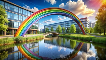 Obraz premium A Vibrant Rainbow Bridge Connecting Diverse Employee Groups in a Workplace, Symbolizing Inclusivity and Team Collaboration Across a Scenic Divide