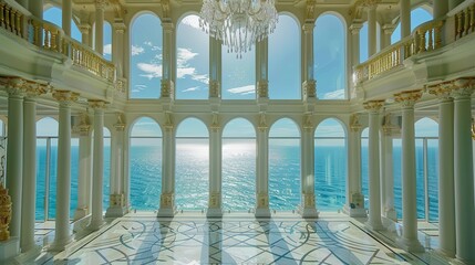 Fototapeta premium Dubai Luxury Seaside Villa - roomy Escape with Lavish Decor, Floor-to-Ceiling Panoramic Views of the Arabian Gulf, and Exquisite Features like Crystal Chandeliers and Marble Floors