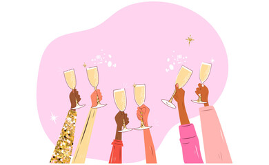 Banner for a women's party. Girls raise glasses of champagne up with space for inscription. Celebrating a party, a bachelorette party.