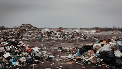 Vast Garbage Dump with Waste and Overcast Sky 