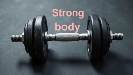 Naklejka premium Dumbbell resting on dark gym floor, representing fitness determination, strength training, workout motivation, healthy living concept