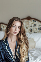 Naklejka premium Elegant young woman with long blonde hair wearing satin sleepwear, sitting on a luxurious bed with a floral headboard.