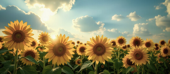Obraz premium Sunlit sunflower field, vibrant yellow blossoms under blue sky, bright summer day with fluffy clouds on the horizon, nature beauty concept