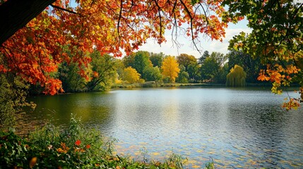 Obraz premium Serene autumnal lake scene with vibrant foliage reflecting in calm water.