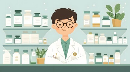 Cartoon pharmacist working in modern pharmacy interior, featuring medicine&nbsp;bottles on shelves and professional in white lab coat with&nbsp;minimalist design elements.