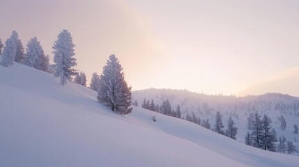 Fototapeta premium Serene winter sunrise over snow-covered mountain slope with frost-covered trees.