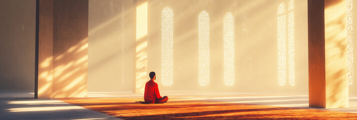 A man praying in beautiful afternoon in a unique minimalist mosque