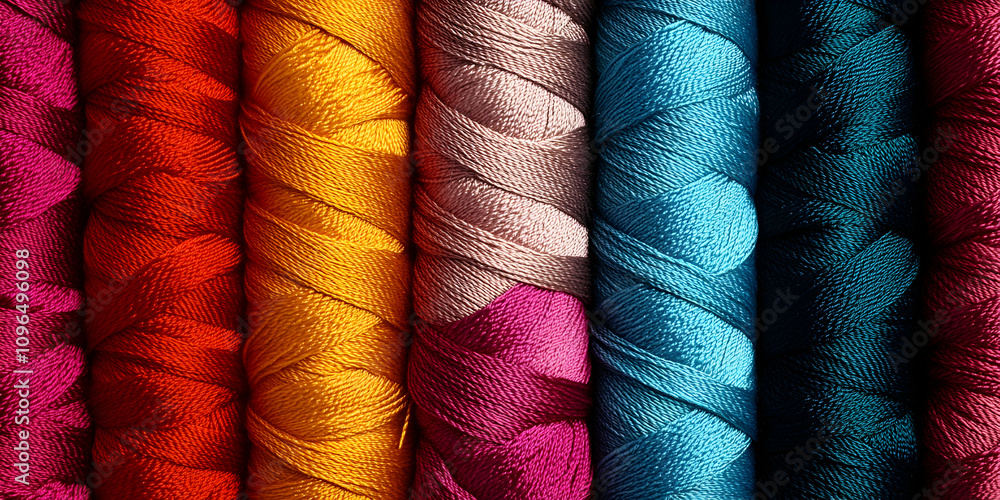 Poster vibrant colorful threads arranged in a row, close-up view of textured yarn spools