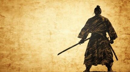An artistic portrayal of a Japanese samurai in full armor, brandishing a katana sword, with vibrant ink splashes and calligraphy on a textured backdrop.