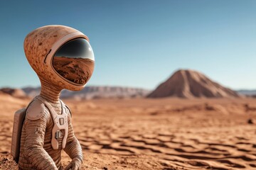 Curious Alien Creature Observing a Human Astronaut on a Deserted Planet with Breathtaking Landscapes and Vast Open Spaces