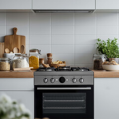 Modern kitchen with gas stove, wooden countertop, and organized jars