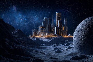 A Stunning Futuristic City Built on an Asteroid Surrounded by Aliens Against a Breathtaking Cosmic Background of Stars and Planets