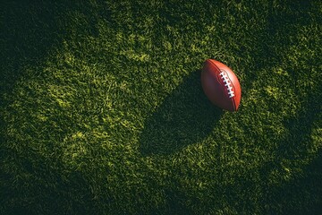 american football ball on green grass top view with space for text