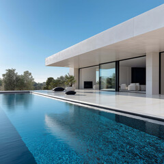 Fototapeta premium Modern villa with sleek design, featuring stunning pool and clear blue sky. architecture showcases large glass windows and minimalist elements, creating serene atmosphere