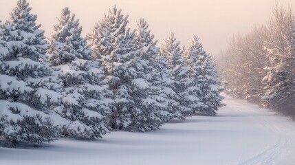 Snow-covered pine trees in a winter landscape at sunrise.
