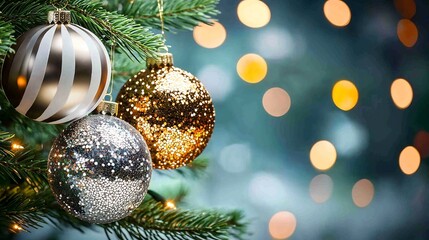 Obraz premium Sparkling Sequin Adorned Ornaments Hanging on Festive Christmas Tree