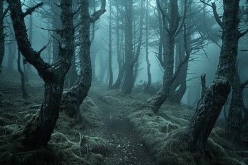 Fog is reducing visibility in a dark spooky forest with twisted trees and moss covered ground, creating a mysterious atmosphere