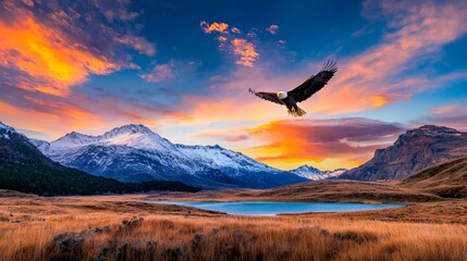 Naklejka premium Majestic Eagle Soaring Against a Stunning Backdrop of Snow-Capped Mountains and a Vibrant Sunset Over a Tranquil Lake in a Scenic Landscape