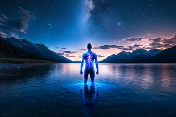 Mysterious Alien Figure with Translucent Skin Stands in Calm Water Against a Starry Sky in a Surreal, Ethereal Landscape at Twilight