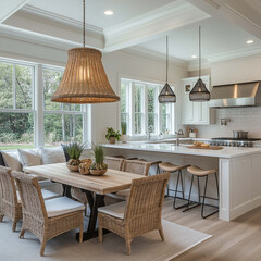 Modern kitchen with spacious dining area featuring wooden table, wicker chairs, and stylish pendant lights. bright space is filled with natural light and greenery, creating warm atmosphere