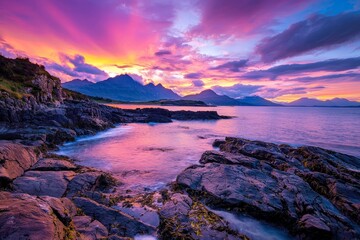 Vibrant Panoramic View of a Vast Ocean with Dramatic Colorful Sky and Rocky Coastline at Sunset