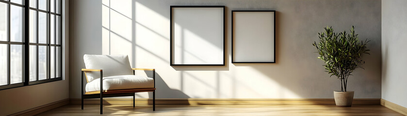 Fototapeta premium Sunlight Illuminates Minimalist Room with Chair, Plant, and Empty Frames