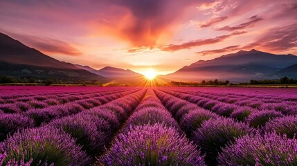 Obraz premium Picturesque Lavender Fields in Full Bloom Under a Stunning Sunset with Vibrant Colors and Majestic Mountains in the Background