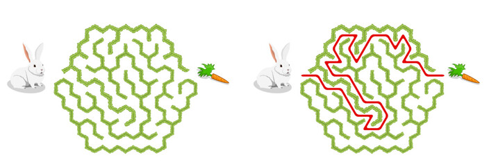 Help bunny pass through green hedge maze to find carrot. Feed the hungry pet labyrinth. Family riddle for kids and parents with solution - red passing route.