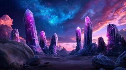 Enigmatic Remote Alien Village Surrounded by Intricately Designed Crystals Under a Starry Sky with Vibrant Colors and Ethereal Light Effects