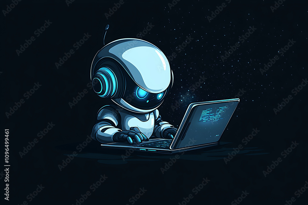 Poster a futuristic robot working on a laptop in a dark environment.